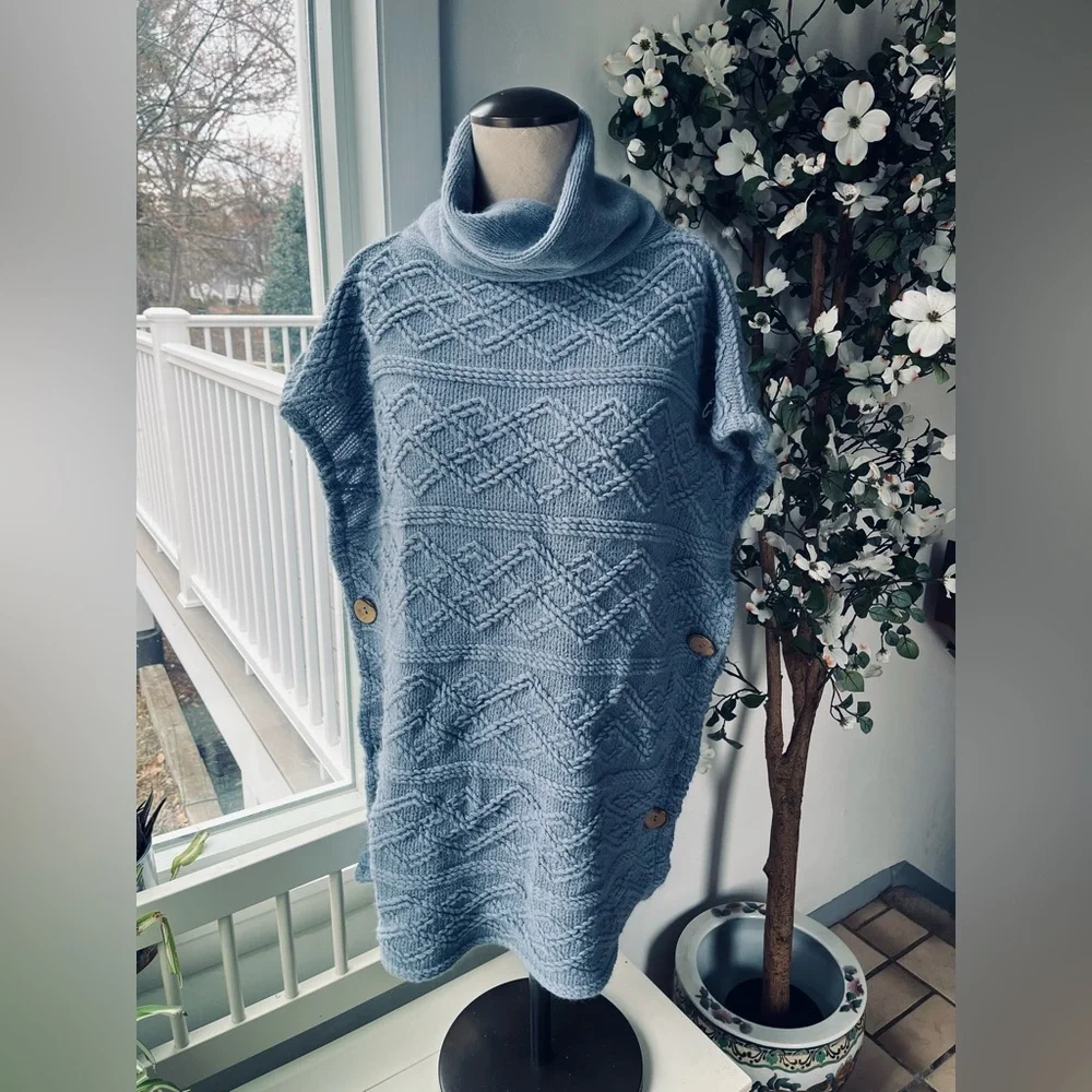 Vintage Powder Blue Poncho Style Sweater, One Size - Picture 1 of 13
